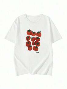 Women's Short-Sleeved T-Shirt, Loose Fit, Casual, Round Neck, Cartoon Tomato Print, White, Spring/Summer. Suitable As A Gift. Women's T-Shirt. Blouses > Elegant. Boho Chic. - 白色 - 查看 4