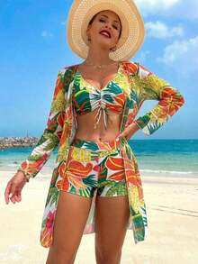 Swim Lushore Conjunto de bikini sexy con estampado floral tropical, cordón frontal y bata para verano - Multicolor - Ver 4