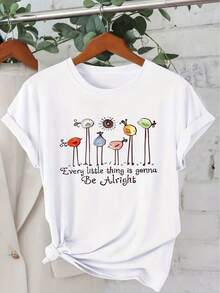 Women's Short-Sleeved Cotton T-Shirt With The Phrase 'Everything Will Be Alright', Featuring A Bird Print, Round Neck, Casual And Fashionable For Everyday Wear, Retro Style For Autumn And Winter, Suitable For Women, Available In Sizes S-XXL. - 白色 - 查看 6