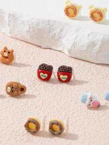 6 Pairs Cute Cartoon Bear, Donut, Cookie, Cake Pattern Earring Set, Suitable For Daily Wear, Party, Vacation, Jewelry Gift - Multicolor - View 4