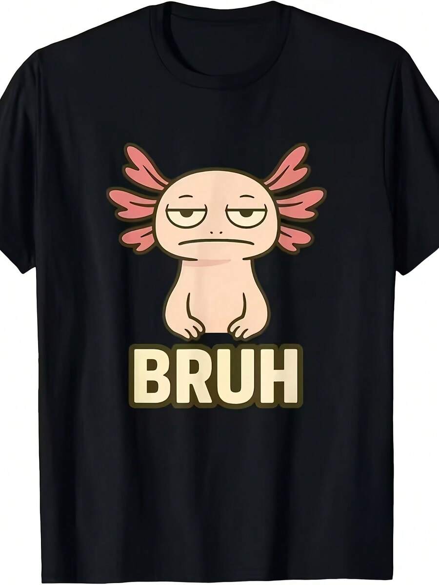Camiseta Adecuada para Axolotl - Divertido Estampado de Salamandra con Expresión Tierna de Chibi Lobarto, Cuello Redondo Casual para Fans de Salamandras, Ropa de Verano Lavable a Máquina para Convenciones y Outfits Diarios - Negro - Ver 1