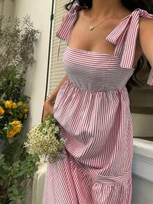 Vestido largo con correa de espagueti de cintura alta, escote cuadrado, sin mangas y espalda descubierta con cordón, a rayas azules, de estilo sexy y de vacaciones, para primavera/verano - Multicolor - Ver 4