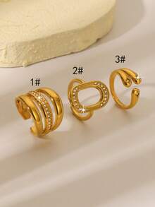 Nhẫn hở bằng thép không gỉ mạ vàng 18K, đính đá Cubic Zirconia, thiết kế hình elip xoắn hình học, chiếc nhẫn độc đáo dành cho nữ. - Vàng - Xem 2