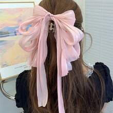 1 pieza Pinza de pelo grande con lazo exagerado de estilo dulce para vacaciones y verano, accesorio de playa, pinza elegante para el cabello - Beis - Ver 9