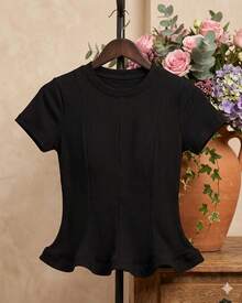 Comfortable Women's Blouse With Short Sleeves And A Round Neck, Regular Length. - Black - View 1