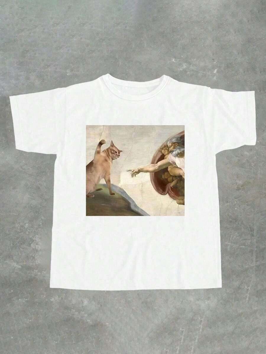 Camiseta De Mujer De Cuello Redondo Con Estampado GráFico De Meme De Internet De La CreacióN De AdáN - Blanco - Ver 1