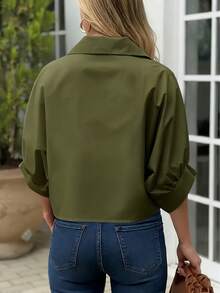 女款休閒純色梭織扭結鈕扣襯衫，適合夏季 - 軍綠色 - 查看 2