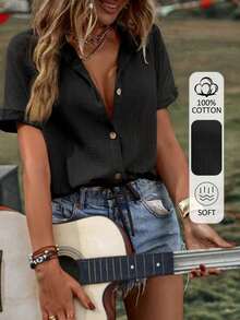 Camisa de verano para mujer, casual, suelta, de un solo botón y unicolor - Negro - Ver 1