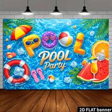 2D Flat Pool Party Backdrop, Refreshing Pool Theme With Printed Swim Rings, Icy Drinks, Fruits Decor, Vibrant Colors, Durable Polyester Material, No Power Needed, Suitable For Indoor And Outdoor Decoration - 5 - View 4