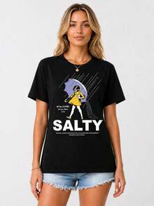 One Piece Of Women's Loose-Fitting Short-Sleeve T-Shirt With A Fun Text Print. Made From 100% Pure Cotton, It's Soft Against The Skin. A Simple, Urban-Style T-Shirt, Perfect For Summer Work Or Casual Dates. Crew Neck, 100% Cotton, Soft Fabric, Short Sleeves. - 黑色 - 查看 5