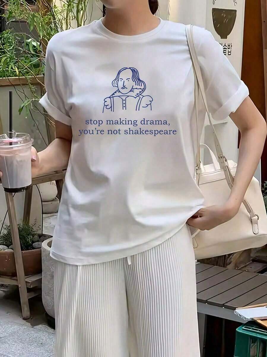 1pscCamiseta gráfica de talla grande 2025 para mujer con cita divertida - "Deja de hacer drama, no eres " , Ropa casual de verano para exteriores en blanco100%cotton100% Cotton100% Cotton100% Cotton - Blanco - Ver 1
