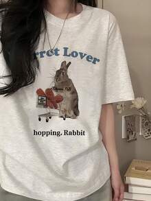 Camiseta de Manga Corta con Estampado de Conejo y Letras Azules Estilo Y2K, Nueva Moda de Verano para Mujer, Versátil, Holgada, Cuello Redondo, Top Y2K de Algodón Puro - Blanco - Ver 5