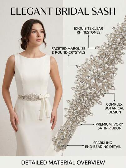 1pc Women's Silver Alloy Ribbon Diamond Applique Bridal Belt Wedding Jewelry Suitable For Wedding Use, Wedding Bridal Waist Decoration,Handmade Sparkling Rhinestone Bridal Belt, Luxury Marquise Crystal Wedding Dress Sash, Elegant Party Formal Gown Waist Accessory For Brides