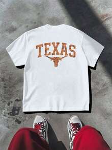 1 Texas Longhorn Graphic Print T-Shirt, Casual, Double Print, 100% Cotton - Urban Vintage Style, Unisex, Loose Fit, Short Sleeve And Round Neck. - 白色 - 查看 3