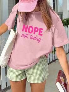 Camiseta de mujer de verano de ajuste holgado con cuello redondo y manga corta, con estampado de eslogan simple, estilo casual de vacaciones. Blusa de uso diario y vacacional. Camiseta de mujer. Negro - Rosa - Ver 3