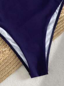7AJK Traje de baño de una pieza de verano para mujer, conjunto de bikini sexy y estilo Y2K, bikini de unicolor sexy para fiestas y festivales de música, atuendo de playa y vacaciones para mujer - Azul marino - Ver 2