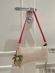 Small Fashionable Solid Color Maple Leaf Decor Woven Crescent Tote Bag, Versatile Handbag, Beach Bag, Casual Woven Bag, Phone Pouch (Pendant Design May Vary) - Hot Pink - View 3