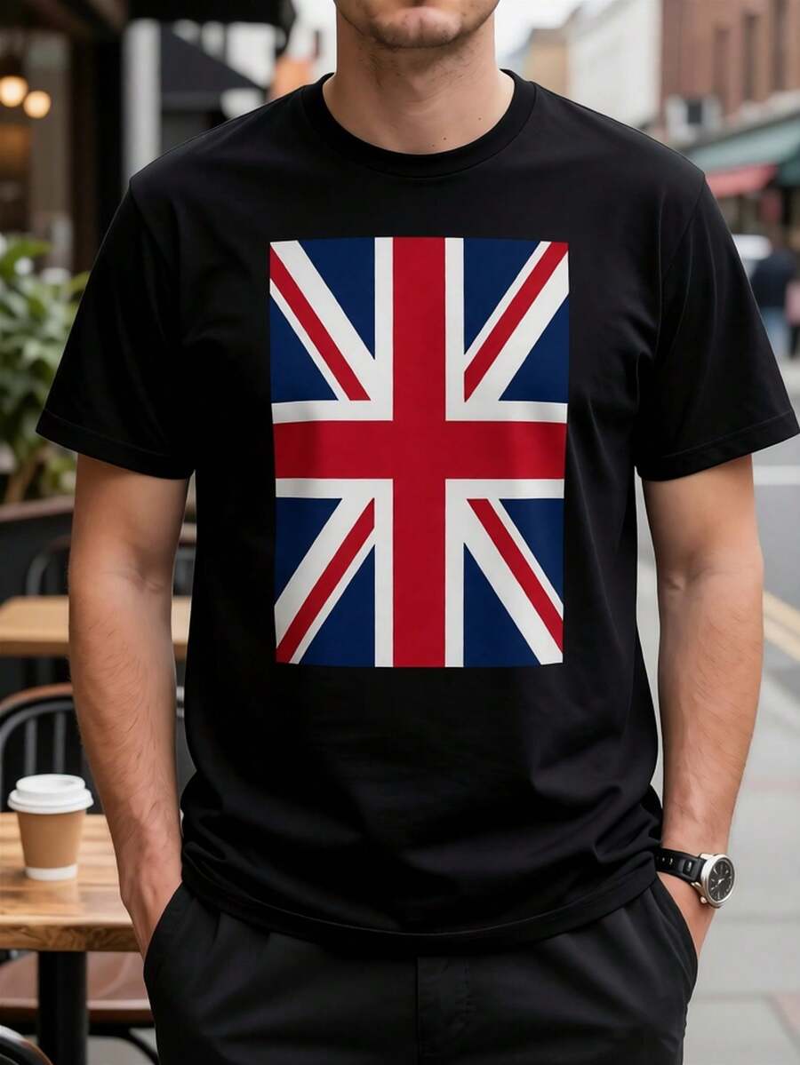 Unisex T-Shirt With British Union Jack Flag Print - Short Sleeve, Crew Neck, Lightweight And Breathable, Suitable For Casual And Themed Wear - Machine Washable, Regular Fit For Men And Teenagers, Garment With British Pride, Loose And Comfortable For Summer - Back - View 1