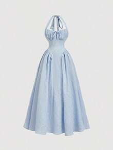 xheSHEIN MOD Vestido de mujer con cuello halter, fruncido y lazo, color azul marino, conjunto de ropa para fiestas, atuendo de Año Nuevo, vestido de baile de máscaras, conjunto de ropa de cumpleaños para mujer, vestido sexy azul marino, vestido con lazo, vestido de princesa para Año Nuevoxhe - Celeste - Ver 1