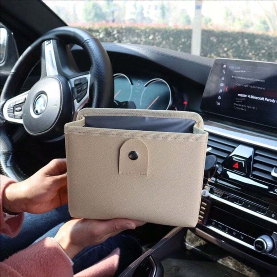 皮革车载垃圾桶，多功能可折叠悬挂式储物垃圾桶，通用型汽车内饰配件，适用于SUV、卡车、房车（黑色、米色、灰色）车载垃圾桶，车载垃圾袋，可折叠悬挂式储物袋盒，汽车配件