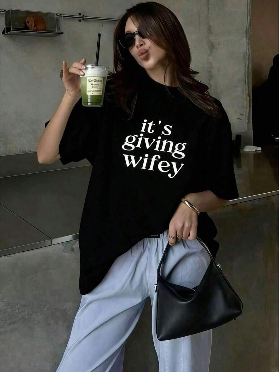 Es como ser esposa, camiseta de algodón con gráfico divertido para mujer, cuello redondo, estilo nupcial. - Negro - Ver 1
