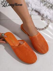 Sandalias deslizantes elegantes de malla LangMoon 2026, diseño de malla con lunares aterciopelados, suela plana suave y flexible, antideslizante y duradera, cómoda de llevar durante mucho tiempo, versátil y vintage para ir al trabajo, de compras y de vacaciones, zapatos elegantes y encantadores para primavera y verano - Naranja Quemada - Ver 5