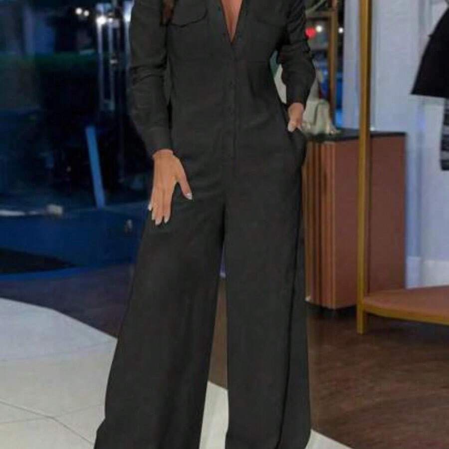 Women's Solid Color Long Sleeve Fashionable Jumpsuit Suitable For Summer Fall Cloth For Women - Negro - Ver 1