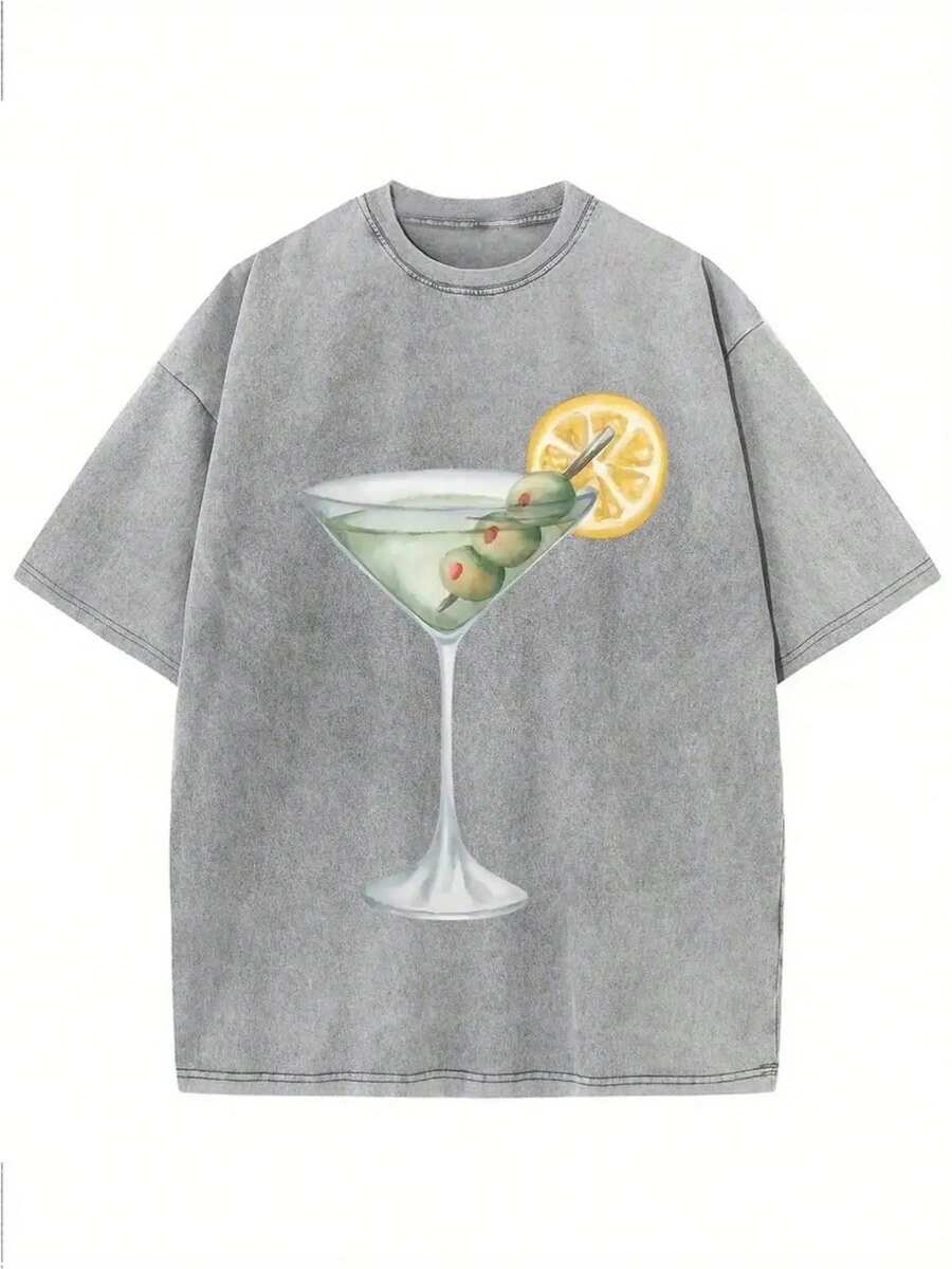 Estampado creativo con diseño de moda, estilo retro lavado para mujer - 230 g de grosor, cuello redondo, manga corta, estilo distintivo, lavable a máquina pero no apto para limpieza en seco, ropa casual para primavera y verano, corte holgado. - Gris - Ver 1
