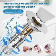 Upgraded 3-In-1 Bathroom Sink Drain, Universal Press-Down Pop-Up Stopper With Removable Stainless Steel Mesh Hair Catcher, Fits 1.1" To 2.36" Sinks, Brass Ball Core, Plated - Leak Plug - View 4