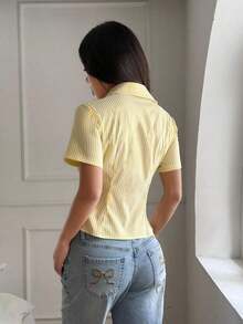 Blusa elegante para oficina con ajuste delgado, de manga corta, a rayas amarillas y blancas, estilo francés, para mujer - Azul - Ver 9