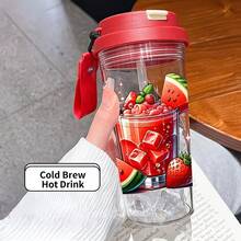 1個/5個 500ml 夏季西瓜&草莓圖案塑膠杯，附吸管、掛繩與防漏蓋，透明冰咖啡杯，清新西瓜草莓果昔圖案，適合日常使用，女士與水果愛好者的理想夏季禮物 - 多色-西瓜飲品 - 查看 3
