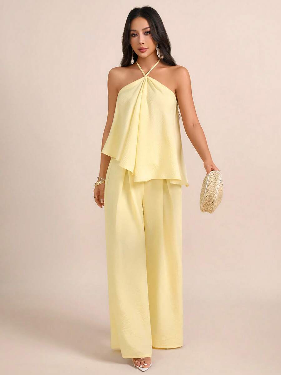 abyoxi Conjunto de 2 piezas de blusa asimétrica con volantes y atar en el cuello en color amarillo claro texturizado y pantalón de pierna ancha de talle alto, casual para vacaciones, playa, uso diario, citas, primavera/verano, conjunto elegante de top y pantalones - amarillo claro - Ver 1