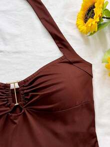Conjunto informal de 2 piezas con top plisado de cuello halter de unicolor y shorts de bloques de color para mujer - Multicolor 11 - Ver 3