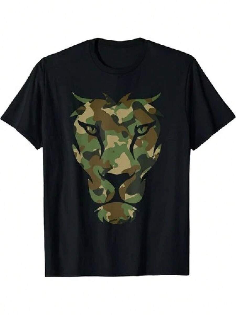 Unisex T-shirt med kamouflagemönster och lejonhuvud, militär kamouflage, djurmönstrade T-shirts för män, herr-T-shirts, herrkläder, herrset, herr-T-shirt, herrartiklar, vardagsklänningar för kvinnor, damset, eleganta blusar, dam-T-shirts, damklänning - Svart - Visa 1
