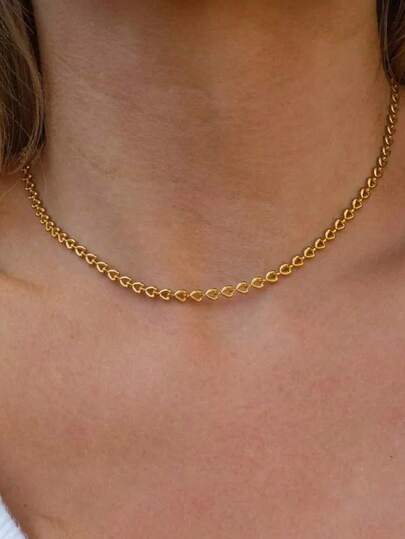 1pc 18k Gold Plating Heart Shaped Chain Stainless Steel Necklace For Women Minimalist Stacked Necklace For Women Daily Wearing