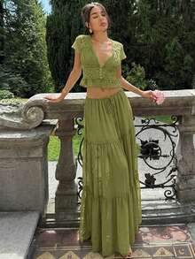 Spring And Summer New V-Neck  Pleated Dress Casual Loose Holiday Dress Two-Piece Set - vàng lục - Xem 2