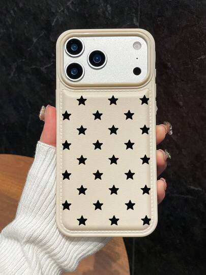 1pc Black Star Print Phone Case, Faux Leather Texture Protective Cover, Shock-Absorbing TPU Bumper, Compatible With IPhone 15/14/13/17 Pro Max, Minimalist Aesthetic Style Gift, Suitable For Men And Women, Daily Use Phone Accessories, Quick Ship