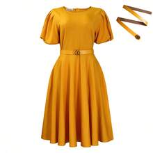 2026 Nuevo Vestido Mujer Cuello Redondo Elegante Estilo A Falda Amplia Manga Abullonada Cintura Definida - Blanco - Ver 1