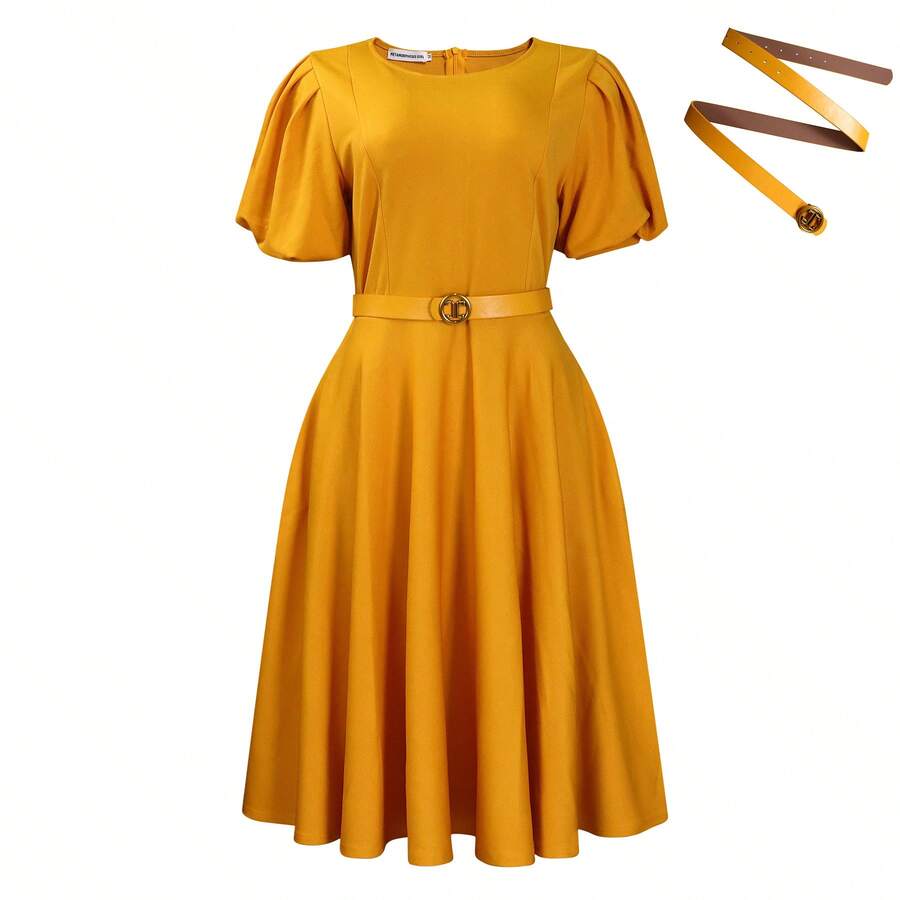 2026 Nuevo Vestido Mujer Cuello Redondo Elegante Estilo A Falda Amplia Manga Abullonada Cintura Definida - Blanco - Ver 1