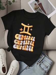 Fashionable Women's T-Shirt With Gemini Zodiac Sign Graphic Print, Casual Clothing For Daily Outfits And Astrology Lovers, Maija, Elegant Short Sleeve For Women. - 黑色 - 查看 4