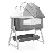 Cuna Colecho Ajustable con Función Mecedora, Mosquitero Retráctil y Ruedas con Freno - Gris - Ver 9