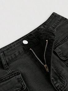 Minifalda de mezclilla cargo con bolsillo tipo flip de moda callejera casual de verano para mujeres - Negro - Ver 3