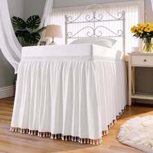 1pc Dorm Bed Skirt With Small Tassels, Adjustable Elastic Band Design, Suitable For Dorm Bedding Set, Customizable Heights: 32", 36", 42", 50" Adjustable Bed Skirt And Box Spring Cover. Soft, Durable, Wrinkle-Resistant Fabric - Made Of Premium Microfiber, Dustproof Pleated Style, Fade-Resistant, Machine Washable. - Small Tassel TwinXL 36" Drop - View 3