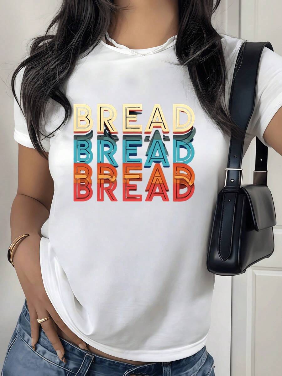 Colorful, Repeated Words Spelling BREAD In Warm And Cool Tones Evoke Optimistic Energy And A Love For The Everyday With An Urban Message On A Modern Casual Women's T-Shirt - 白色 - 查看 1