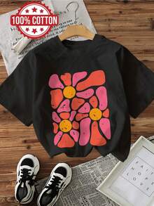 Women's Spring Summer Casual Tops, Minimalist Style, Colorful Floral Print, Round Neck Short Sleeve T-Shirt [Ling]Sommer - Black - View 6