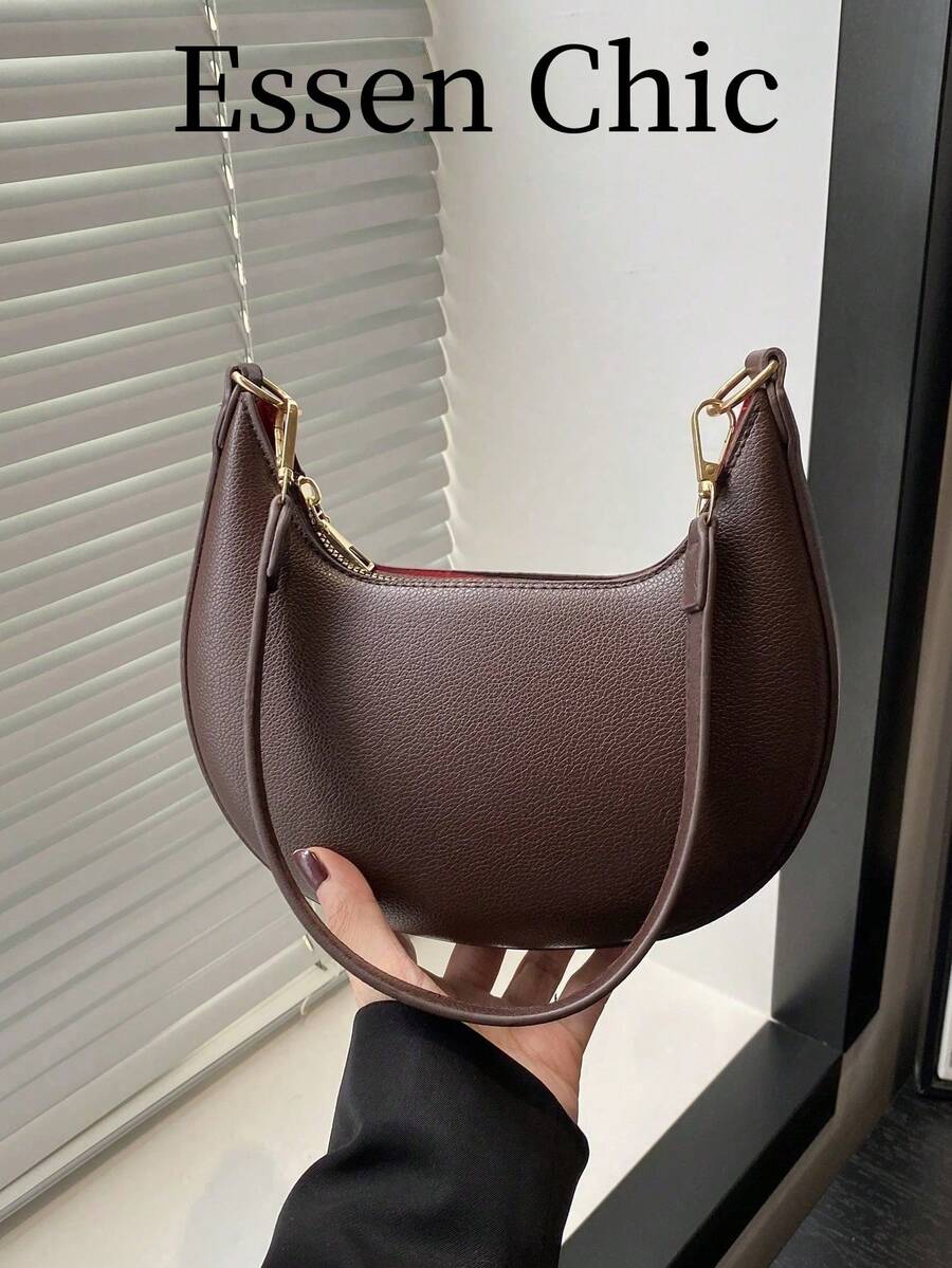 1 件咖啡棕色新月形 PU 皮革女士单肩包/腋下包，时尚简约纯色，秋冬