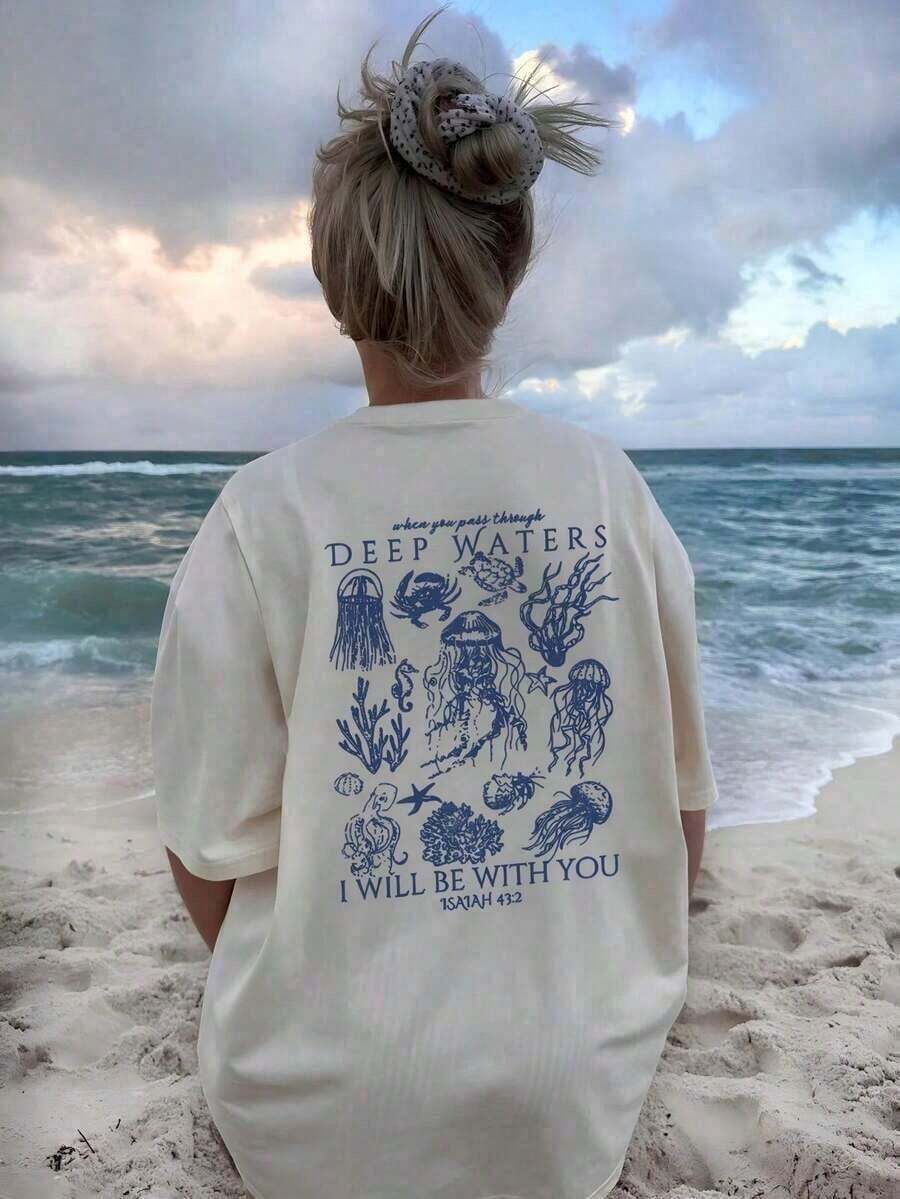 Women's White Short-Sleeved T-Shirt, Casual Summer Style, With A Marine Life Print, Simple And Cute, Loose And Versatile, With A Round Neck, Ideal For Everyday Wear And Vacations. Women's Graphic T-Shirts, Pink Top - Unisex, Comfortable, Urban Vintage Style, Loose Fit, Washed 100% Cotton T-Shirt, Summer Tops - 白色 - 查看 1