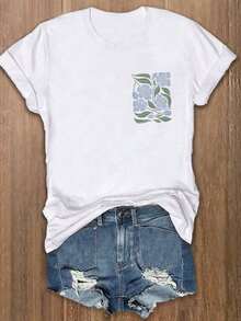 1 Pieza de Camiseta de Moda Casual para Hombres y Mujeres, Estampado Floral Azul Vintage, Camiseta de Manga Corta para Mujer, Camisetas Gráficas, Tops para Mujer. Versátil, fácil de combinar, adecuada para uso diario, estilo urbano, ropa de vacaciones, ropa de fin de semana. - Blanco - Ver 3