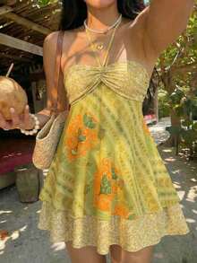 SunnyBelle Vestido mini de verano vintage sin mangas con cuello halter para mujer - Verde Oliva - Ver 12