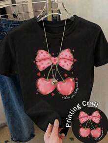 Camiseta Casual de  de Cuello Redondo y Manga Corta con Estampado de Cerezas y Lazos, de Longitud Regular, en Tela de Poliéster Ligeramente Elástica |   Diseño exquisito |   Suelto y cómodo |   Fácil de combinar | - Negro - Ver 8